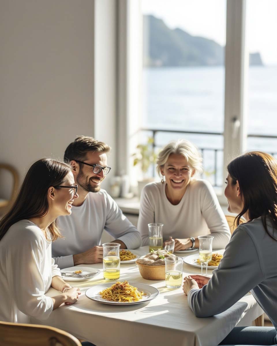 fiorini-presenta-amico allegra famiglia seduta a tavola durante un pranzo